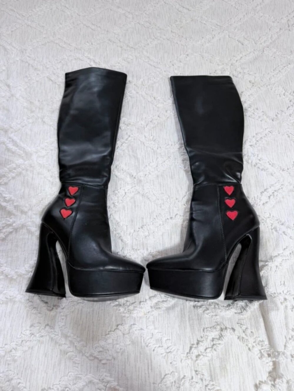 LAMODA black platform knee high boots with red hearts